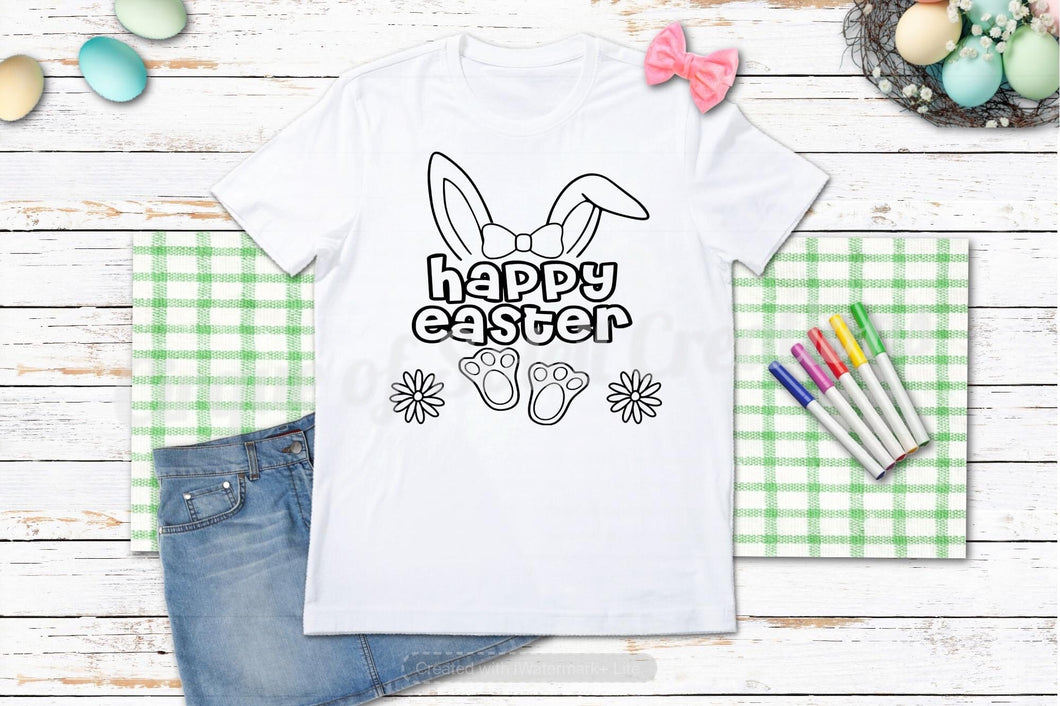 Happy Easter -Bunny with Bow w/flowers - Youth Coloring Shirt